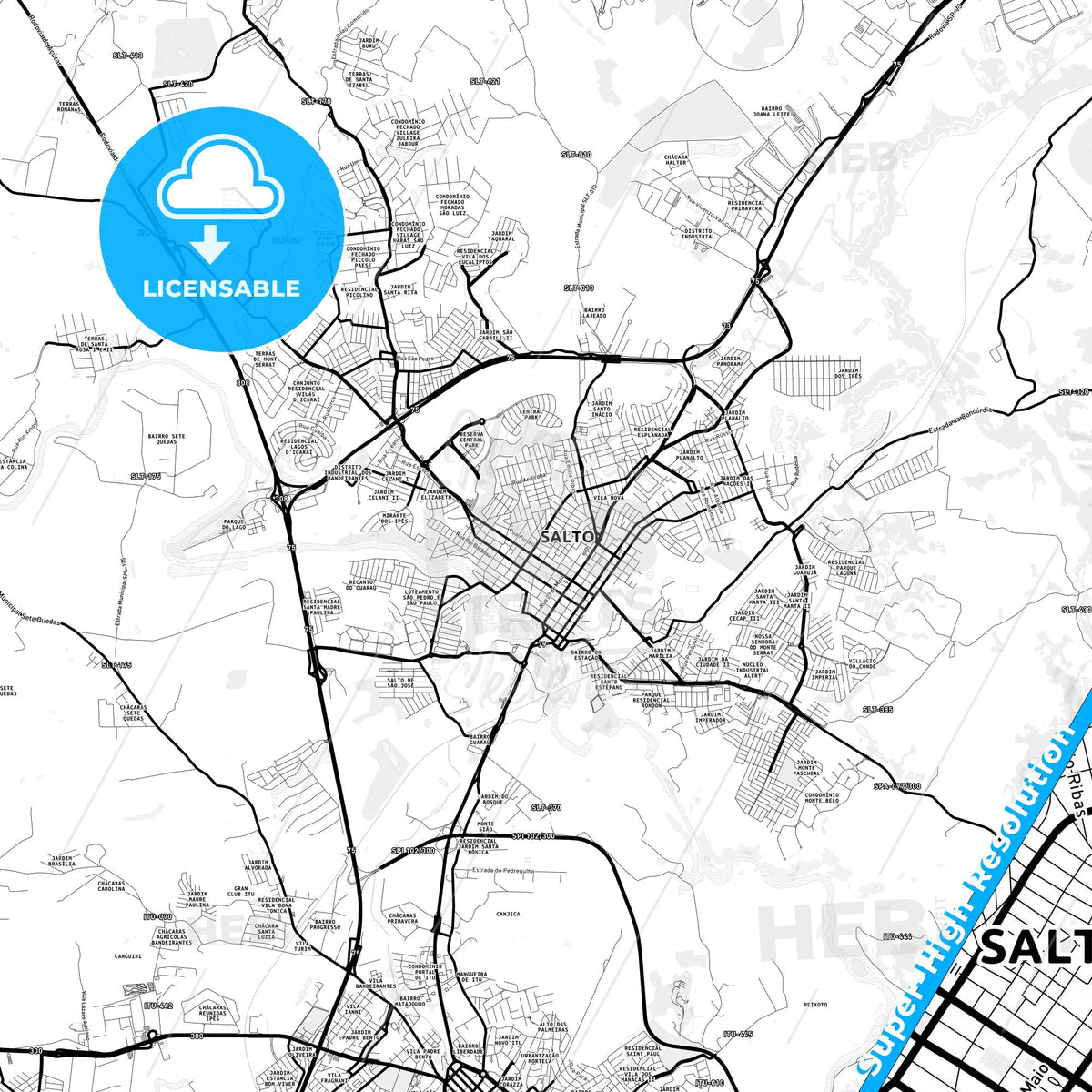 Salto, Brazil Light Map with Street Names, City Names, and Districts