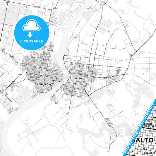 Salto, Uruguay light map with streetnames, citynames and districts
