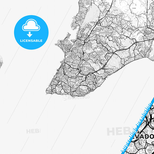 Salvador, Brazil light map with streetnames, citynames and districts