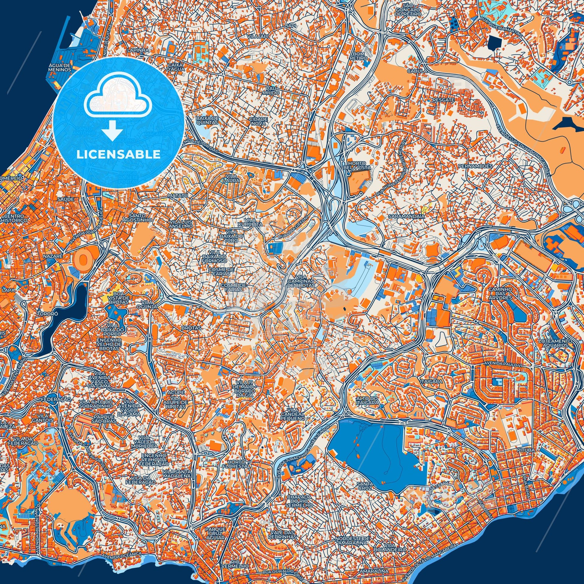 Colorful Salvador Street Map with Labels and Buildings