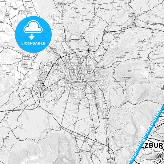 Salzburg, Austria light map with streetnames, citynames and districts