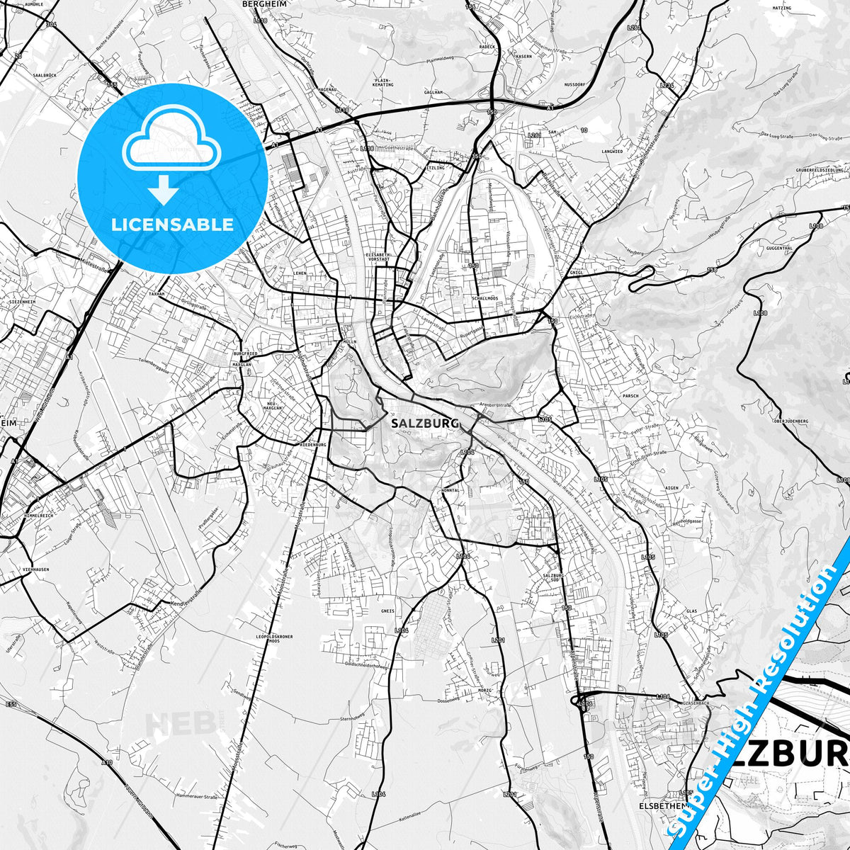 Salzburg, Austria Light Map with Street Names, City Names, and Districts