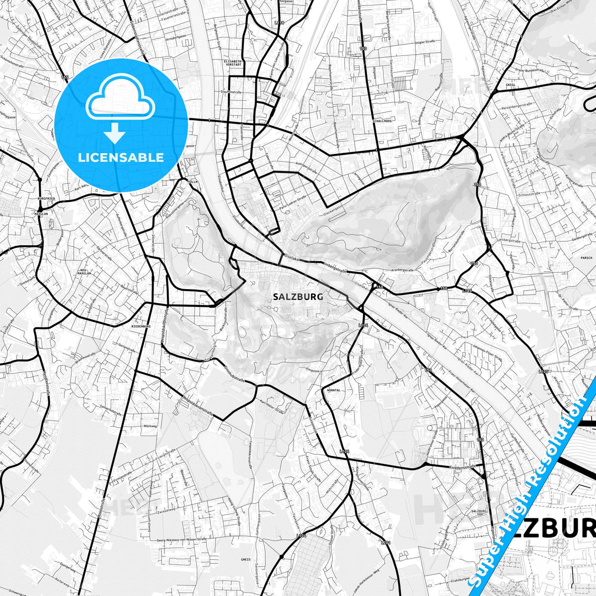 Salzburg, Austria Light Map with Street Names, City Names, and Districts