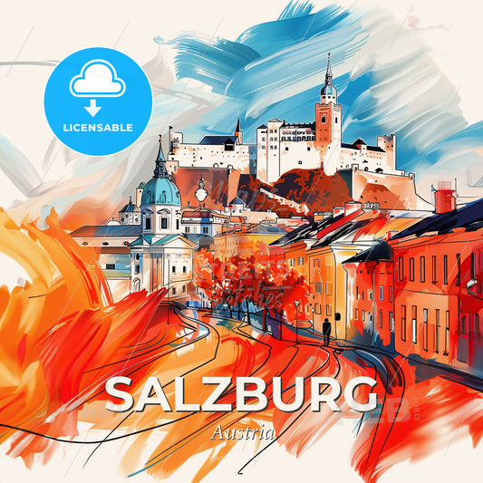 Vibrant Salzburg, Austria - A Painting Of A Castle On A Hill - Square format print template