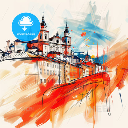 Vibrant Salzburg, Austria - A Painting Of A Building With Towers And A Red And Blue Background