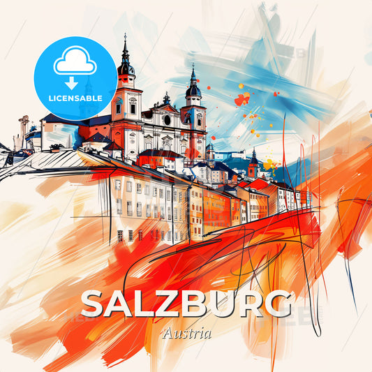 Vibrant Salzburg, Austria - A Painting Of A Building With Towers And A Red And Blue Background - Square format print template
