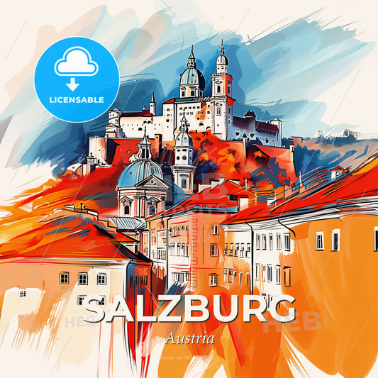 Vibrant Salzburg, Austria - A Painting Of A Castle On A Hill - Square format print template