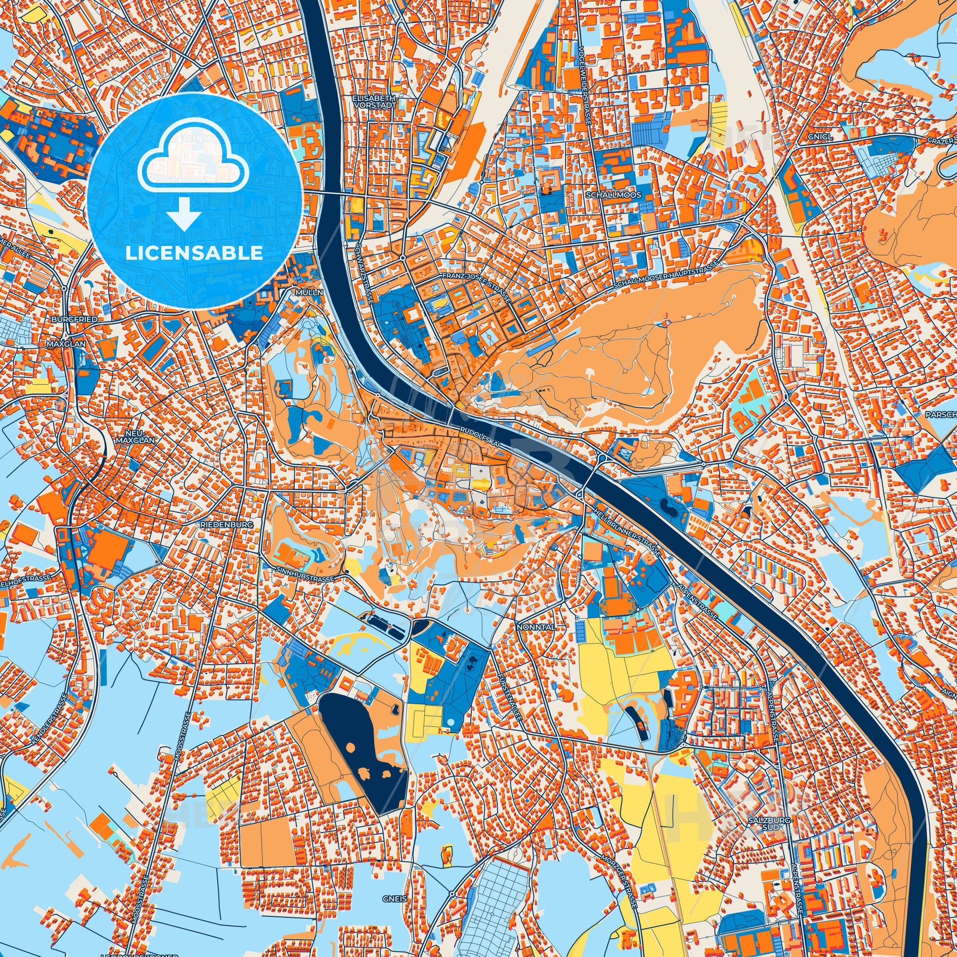 Colorful Salzburg Street Map with Labels and Buildings