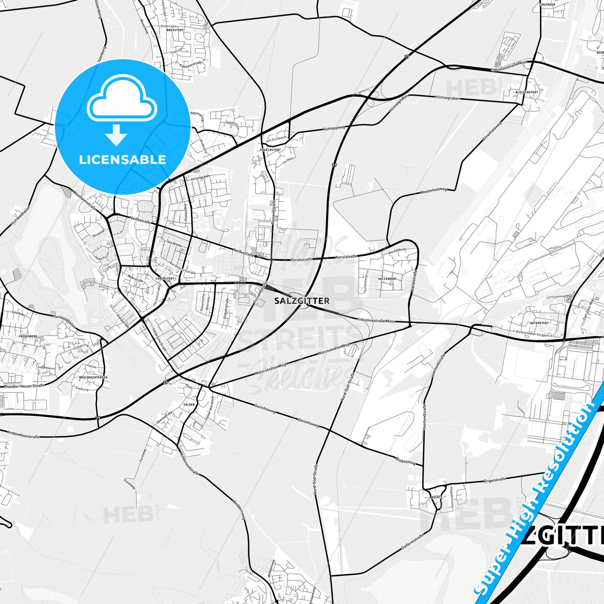 Salzgitter, Germany Light Map with Street Names, City Names, and Districts