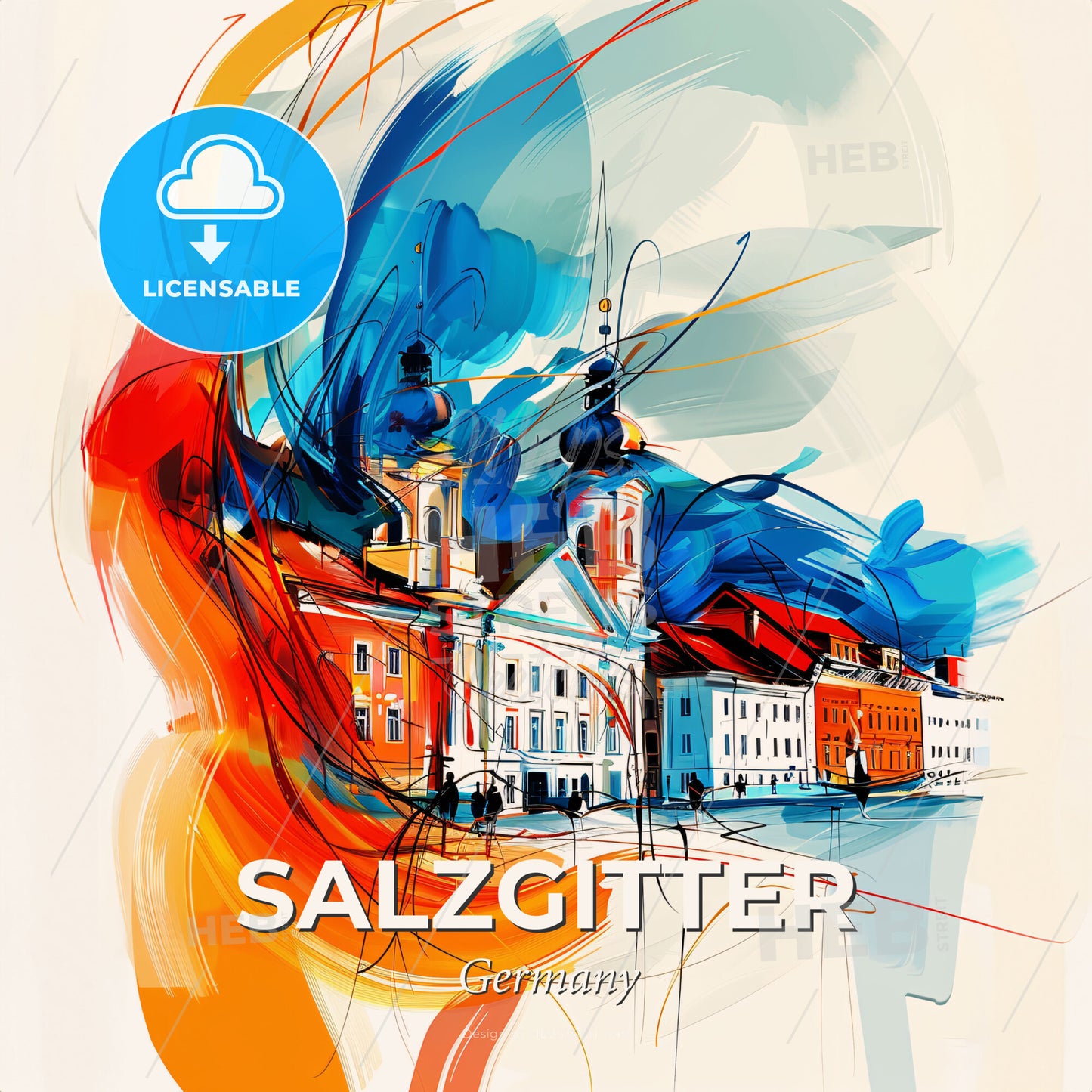Vibrant Salzgitter, Germany - A Painting Of Buildings And A Street - Square format print template