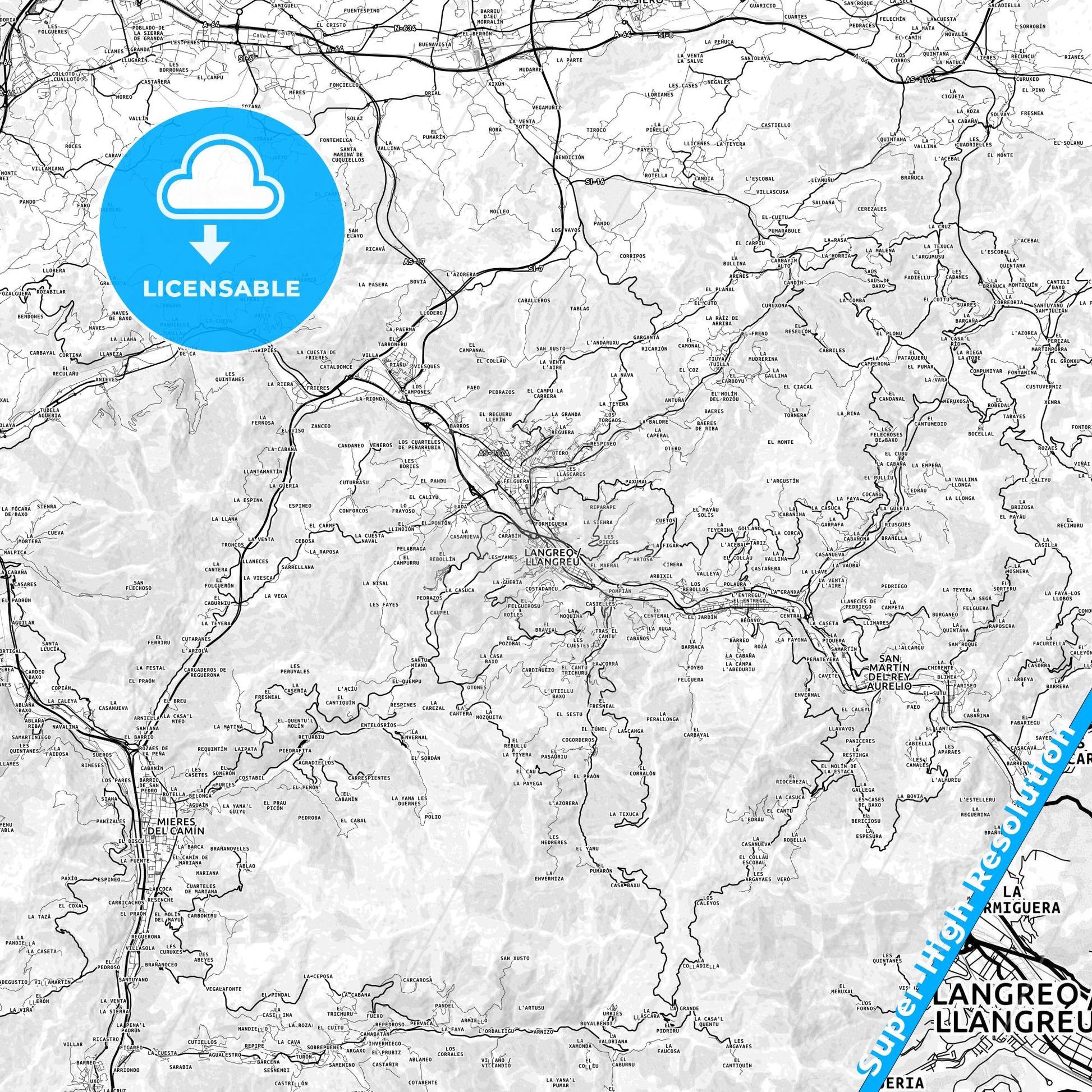 Sama, Spain light map with streetnames, citynames and districts