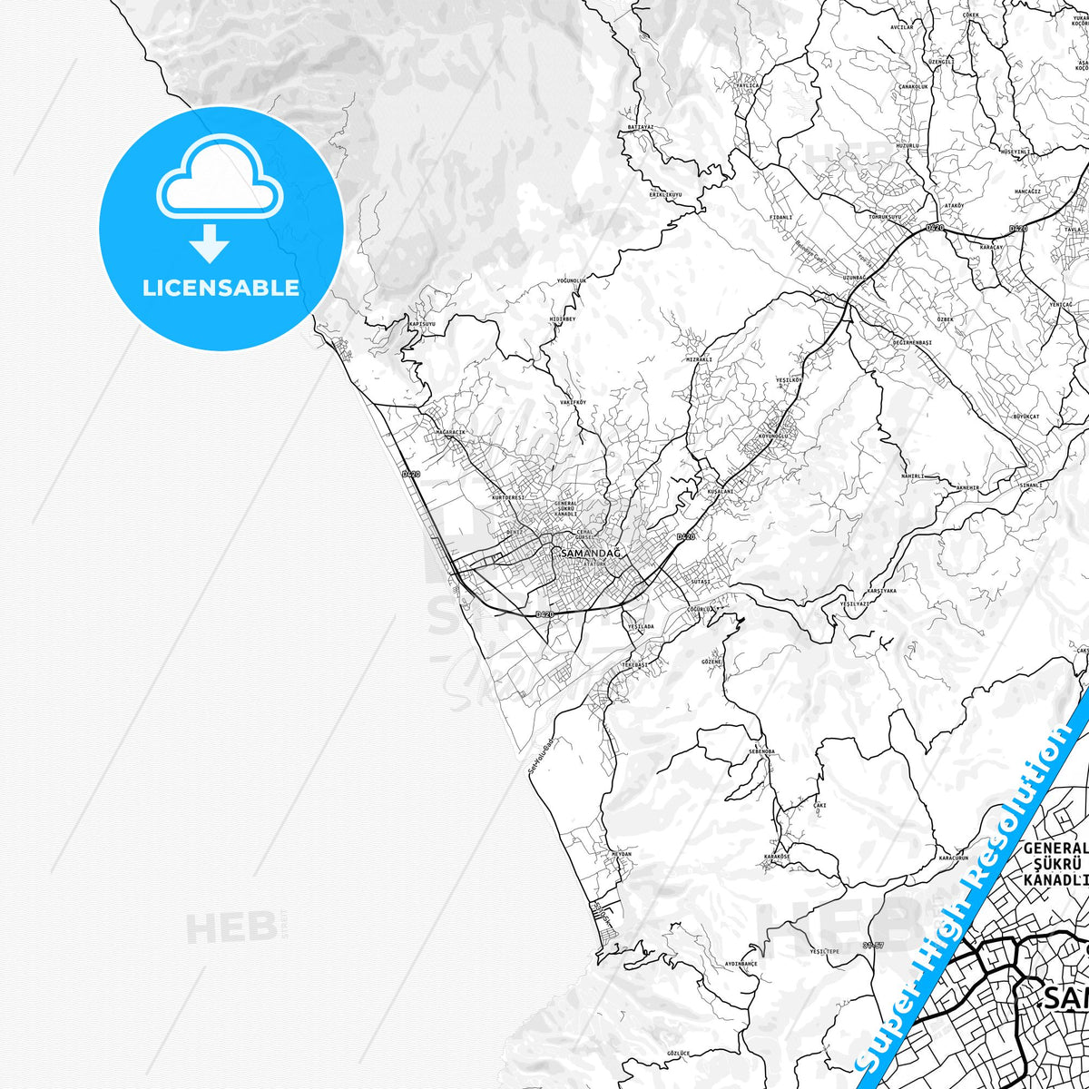 Samandağ, Turkey light map with streetnames, citynames and districts