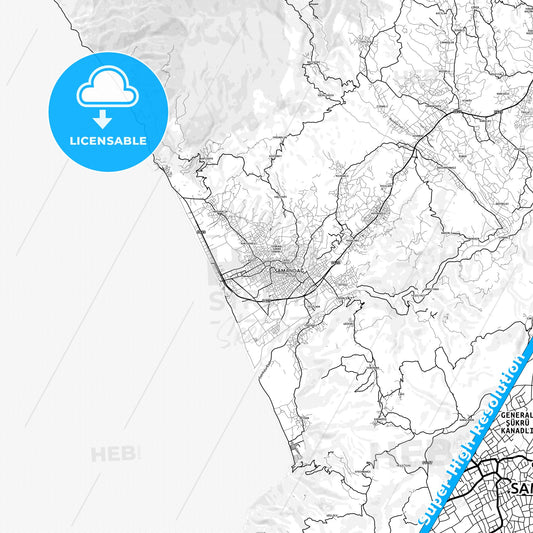 Samandağ, Turkey light map with streetnames, citynames and districts