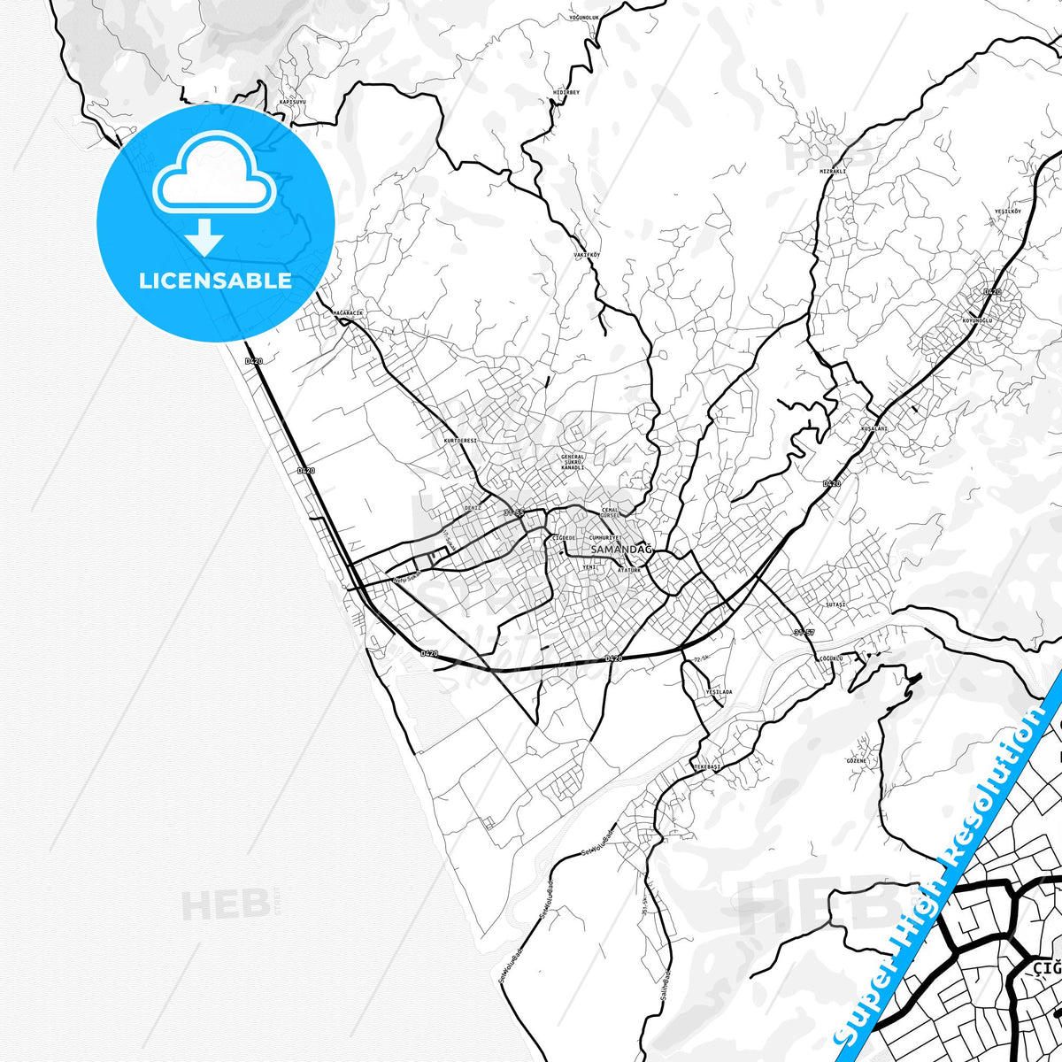 Samandağ, Turkey Light Map with Street Names, City Names, and Districts