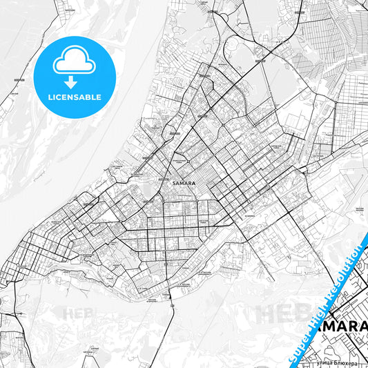Samara, Russia light map with streetnames, citynames and districts