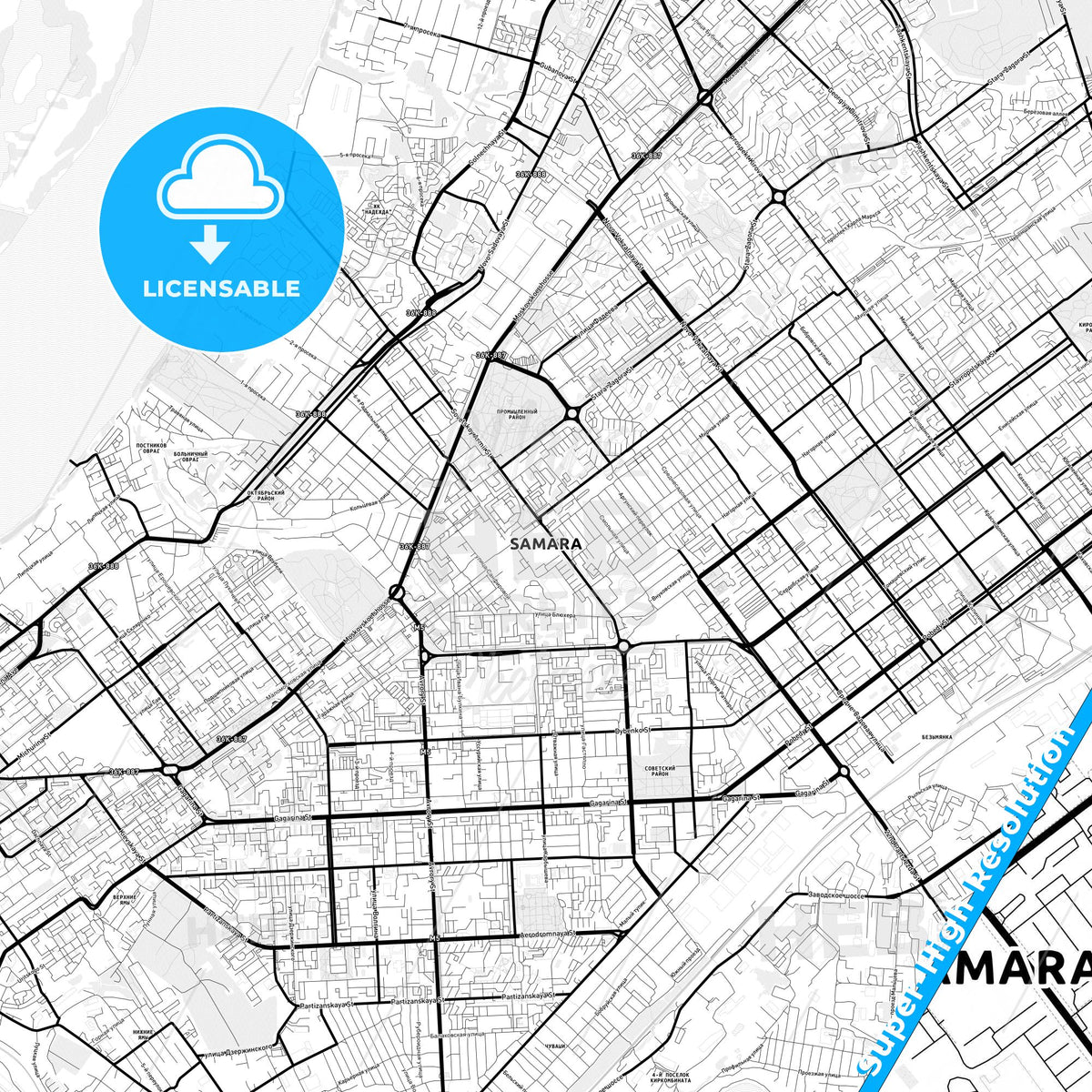Samara, Russia Light Map with Street Names, City Names, and Districts