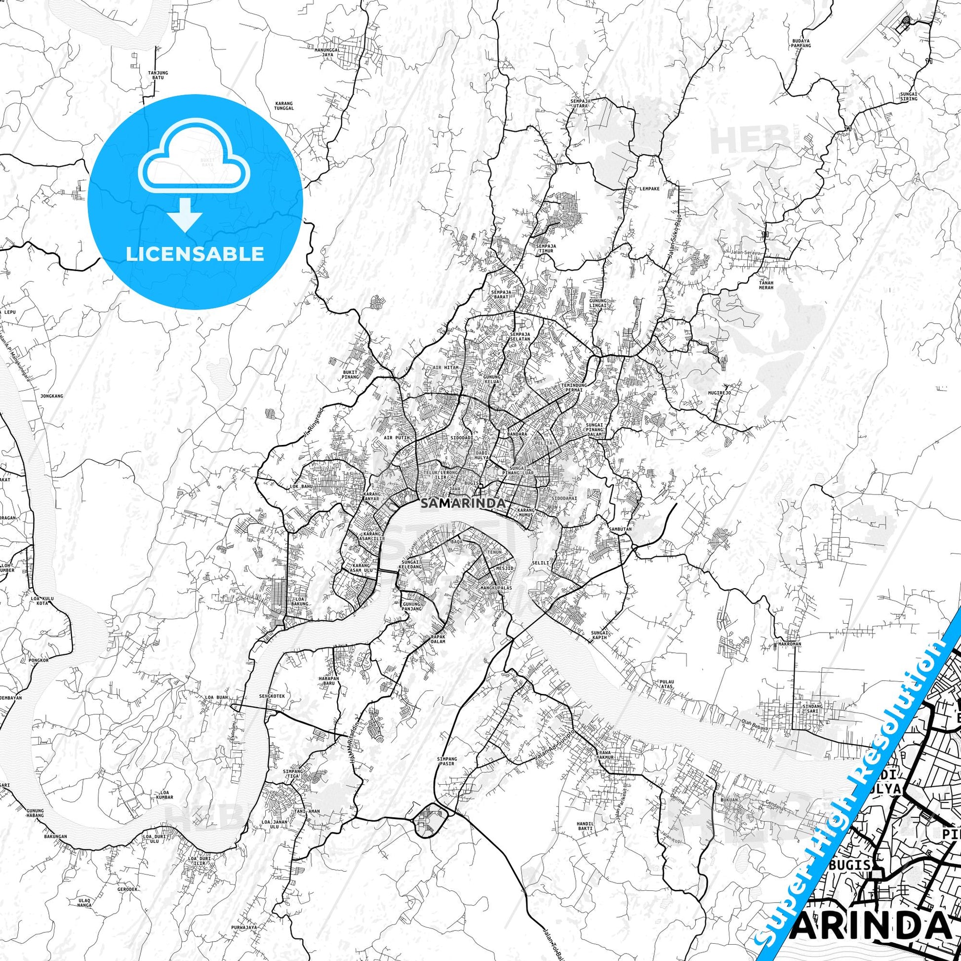 Samarinda, Indonesia light map with streetnames, citynames and districts