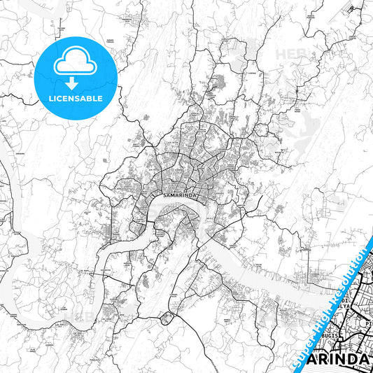 Samarinda, Indonesia light map with streetnames, citynames and districts