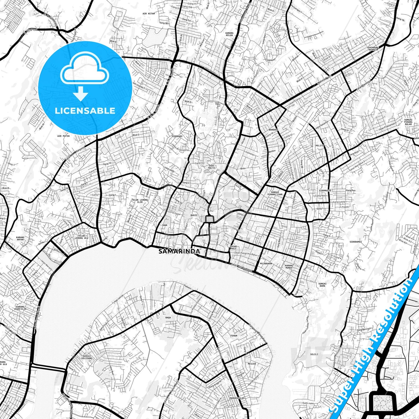 Samarinda, Indonesia Light Map with Street Names, City Names, and Districts