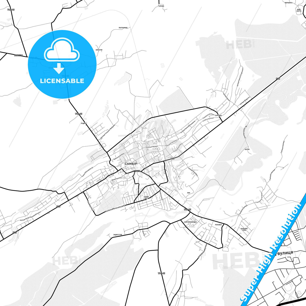 Sambir, Ukraine Light Map with Street Names, City Names, and Districts