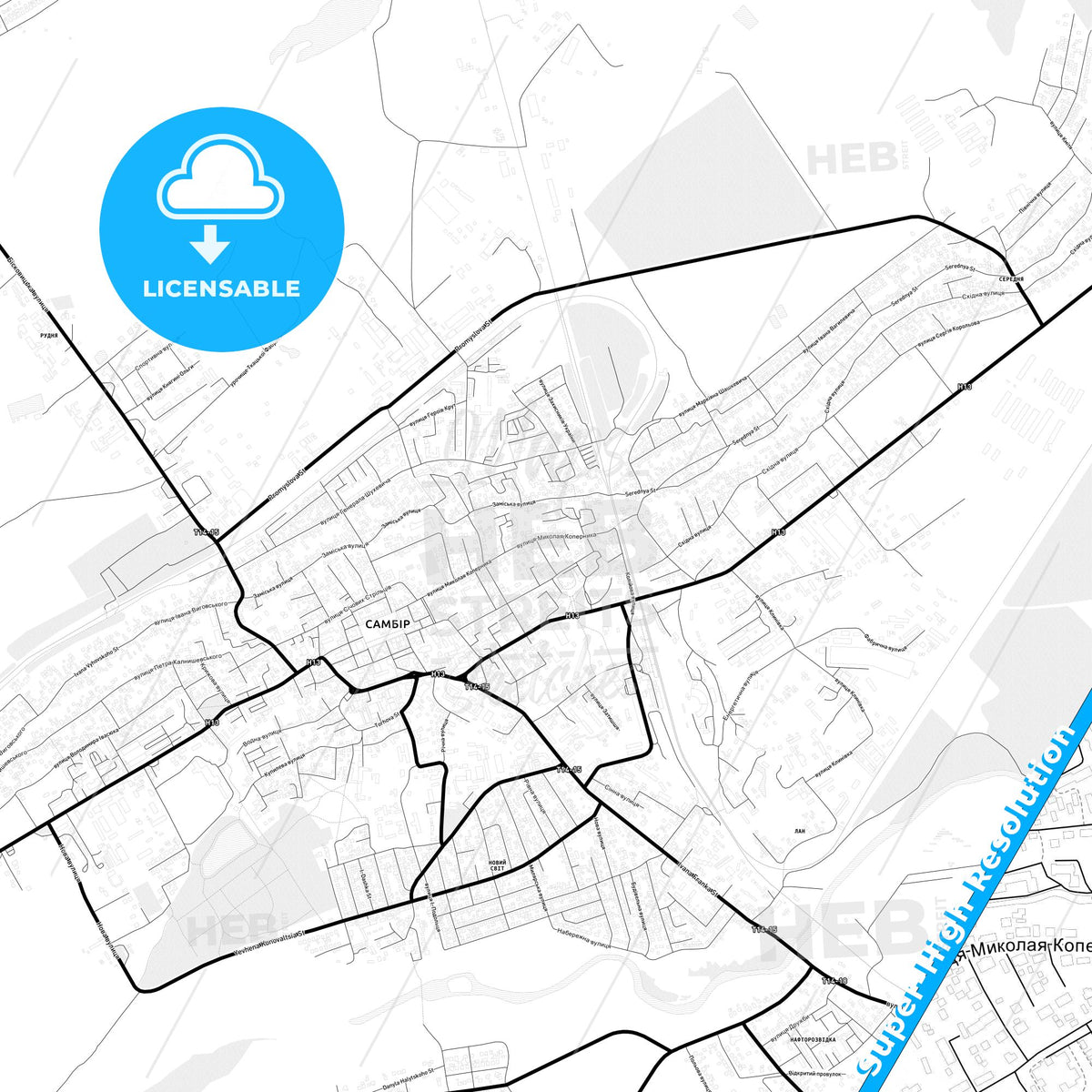 Sambir, Ukraine Light Map with Street Names, City Names, and Districts