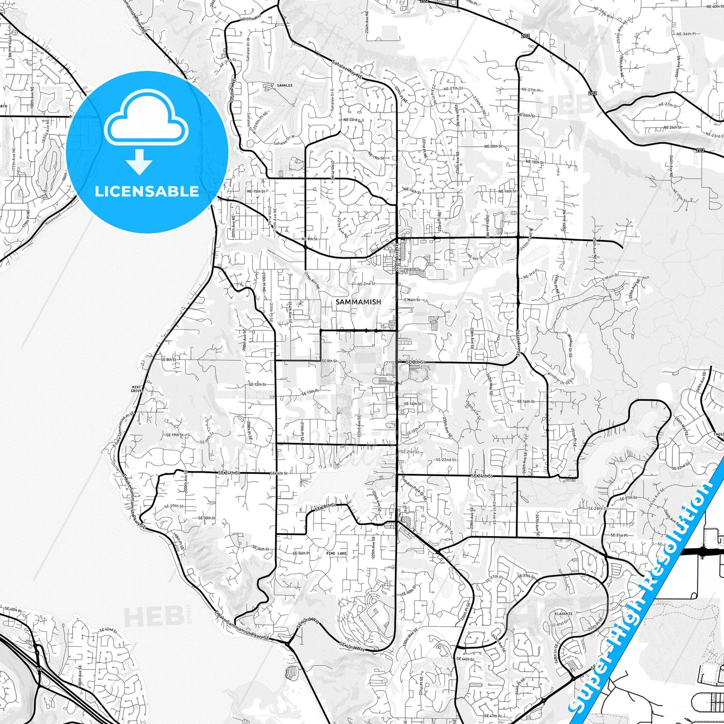 Sammamish, Washington Light Map with Street Names, City Names, and Districts