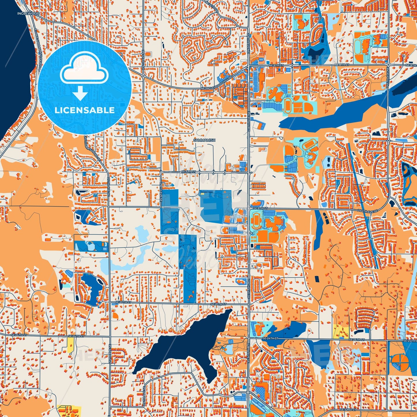 Colorful Sammamish Street Map with Labels and Buildings