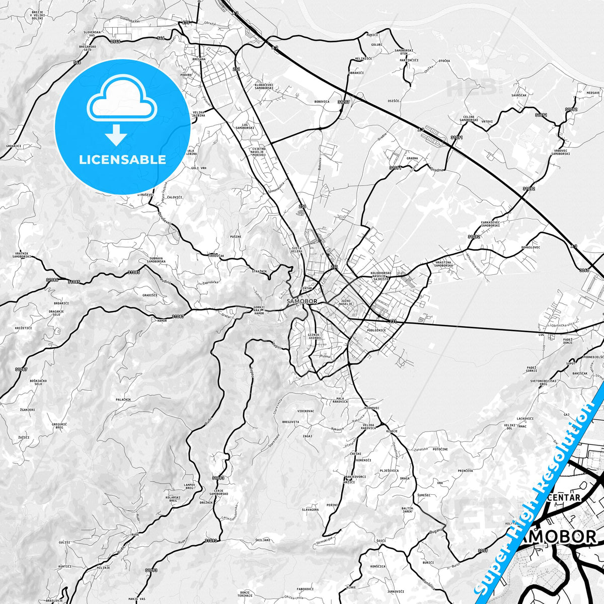 Samobor, Croatia Light Map with Street Names, City Names, and Districts