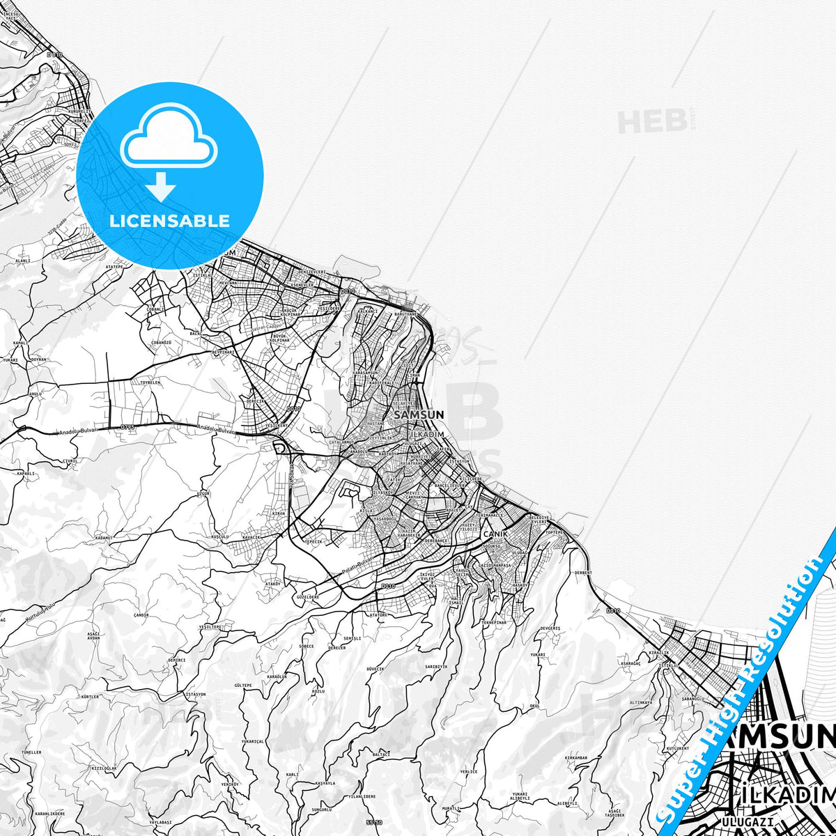 Samsun, Turkey light map with streetnames, citynames and districts