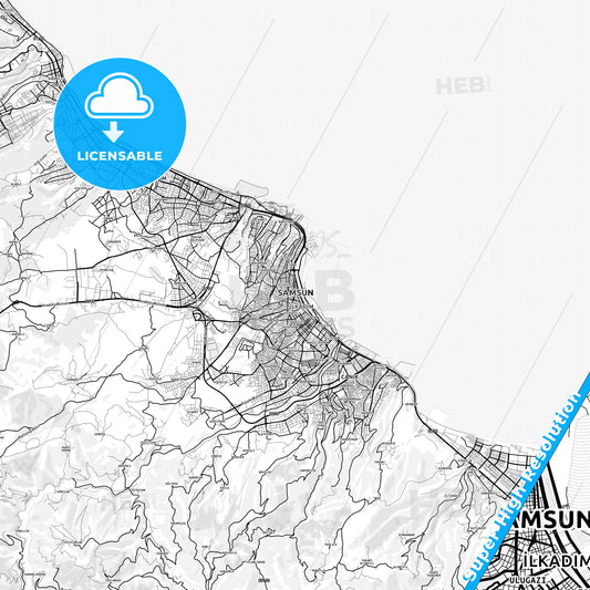 Samsun, Turkey light map with streetnames, citynames and districts