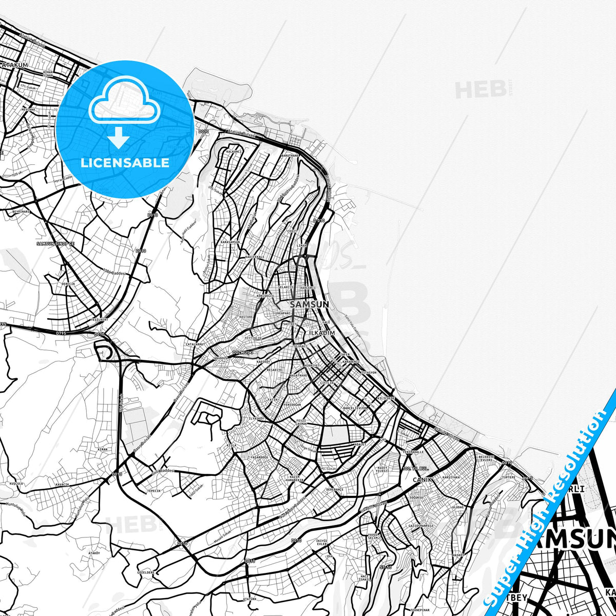 Samsun, Turkey Light Map with Street Names, City Names, and Districts