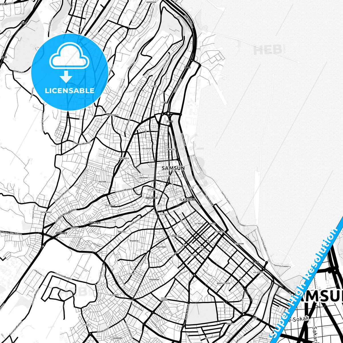 Samsun, Turkey Light Map with Street Names, City Names, and Districts