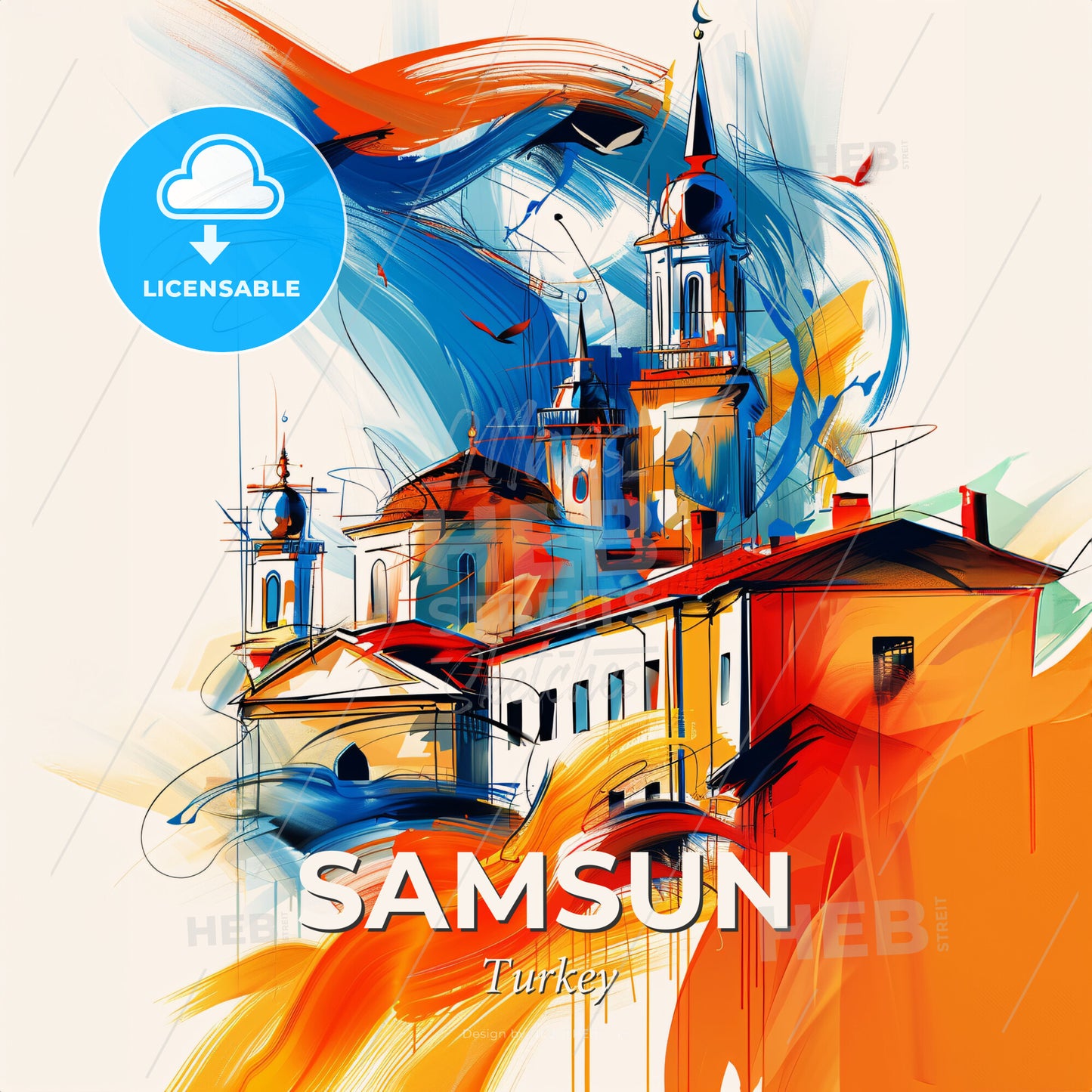 Vibrant Samsun, Turkey - A Painting Of A Building With Towers And A Colorful Background - Square format print template