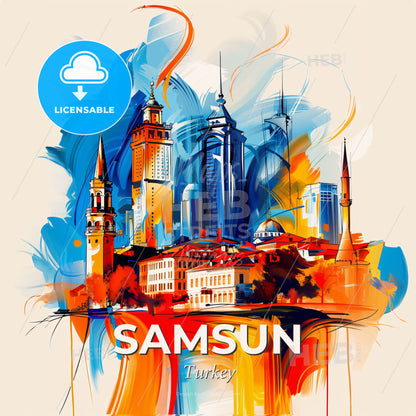Vibrant Samsun, Turkey - A Painting Of A Skyline With A Colorful Building - Square format print template