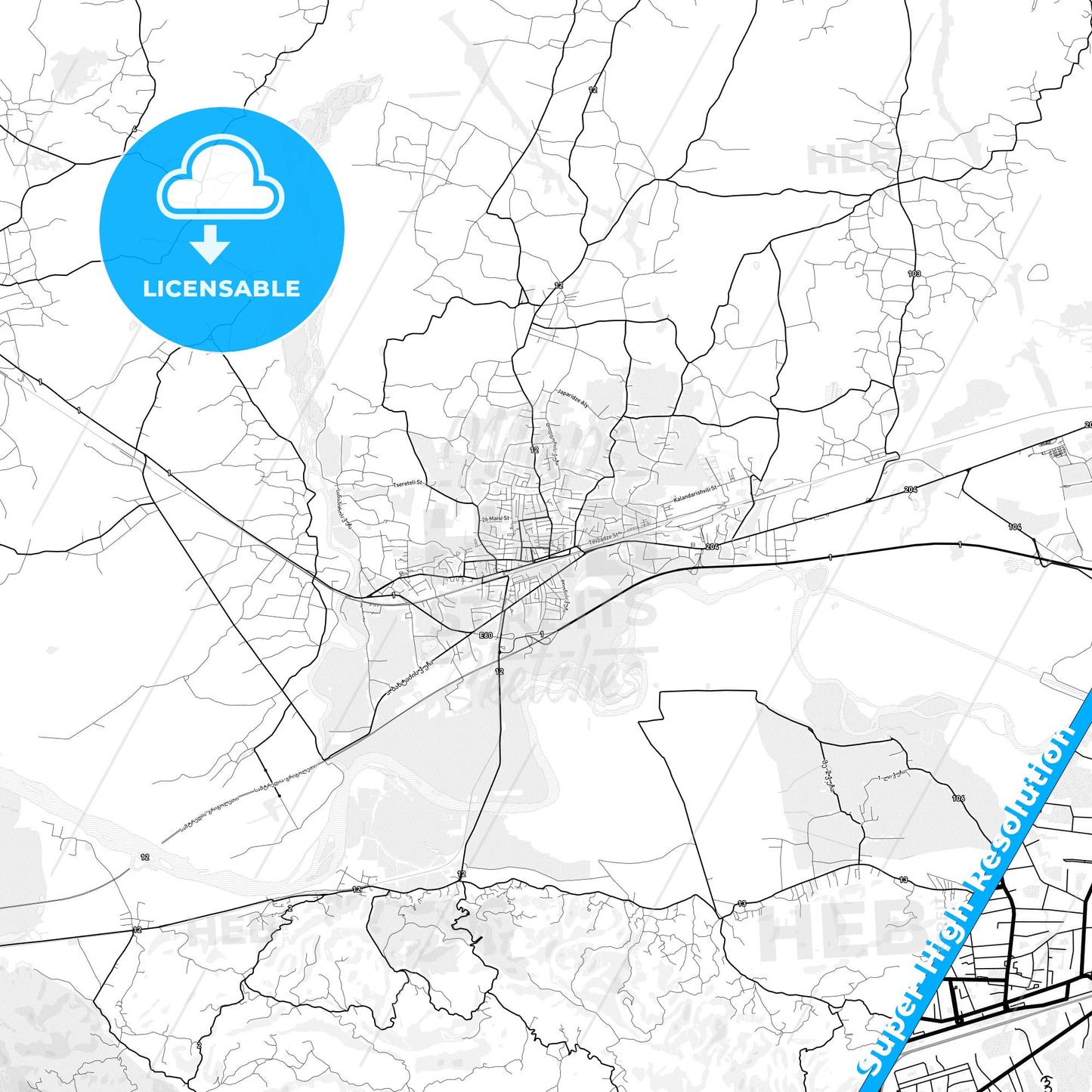 Samtredia, Georgia light map with streetnames, citynames and districts