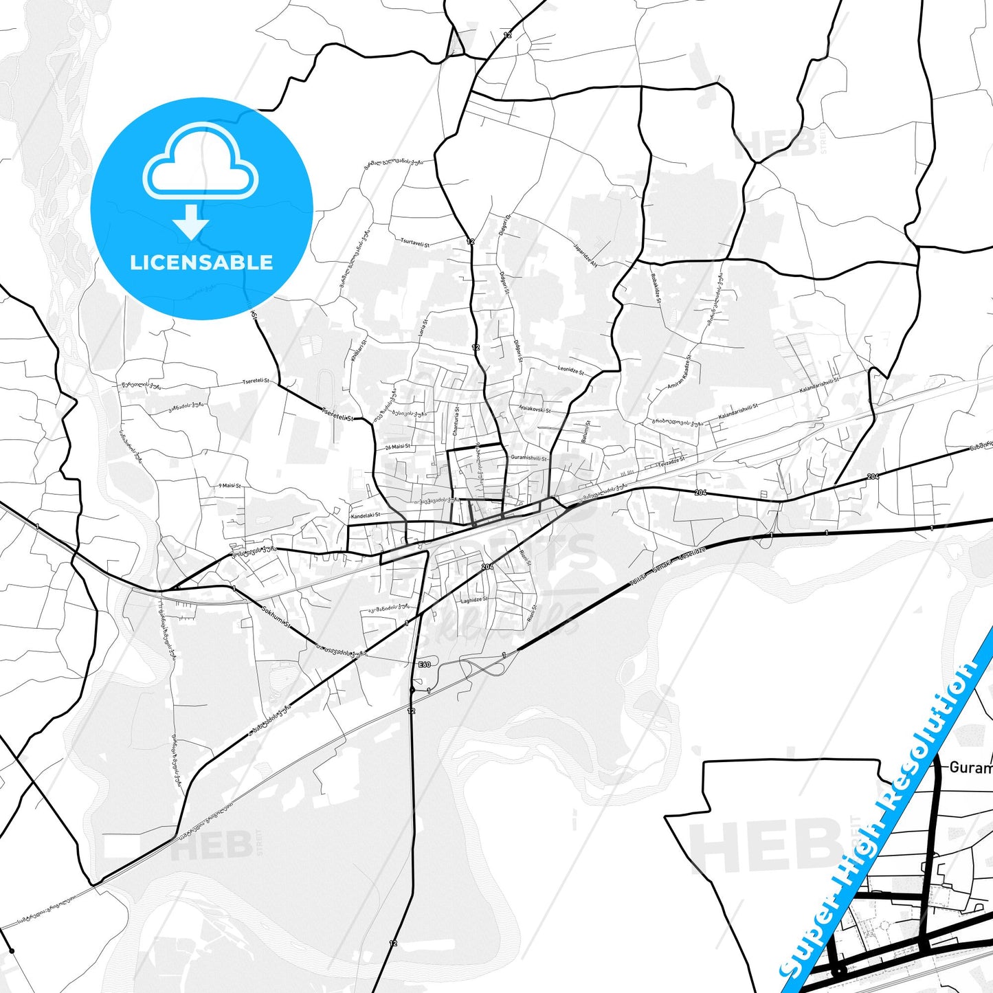 Samtredia, Georgia Light Map with Street Names, City Names, and Districts