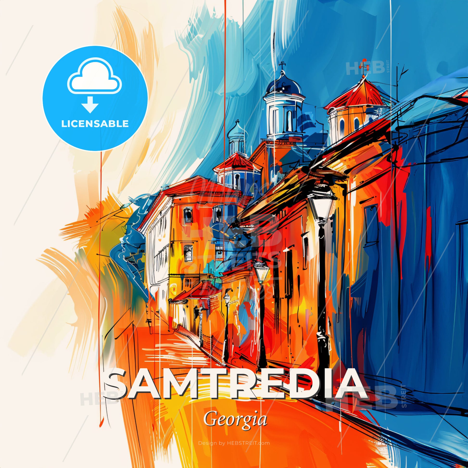 Vibrant Samtredia, Georgia - A Painting Of A Street With Buildings - Square format print template