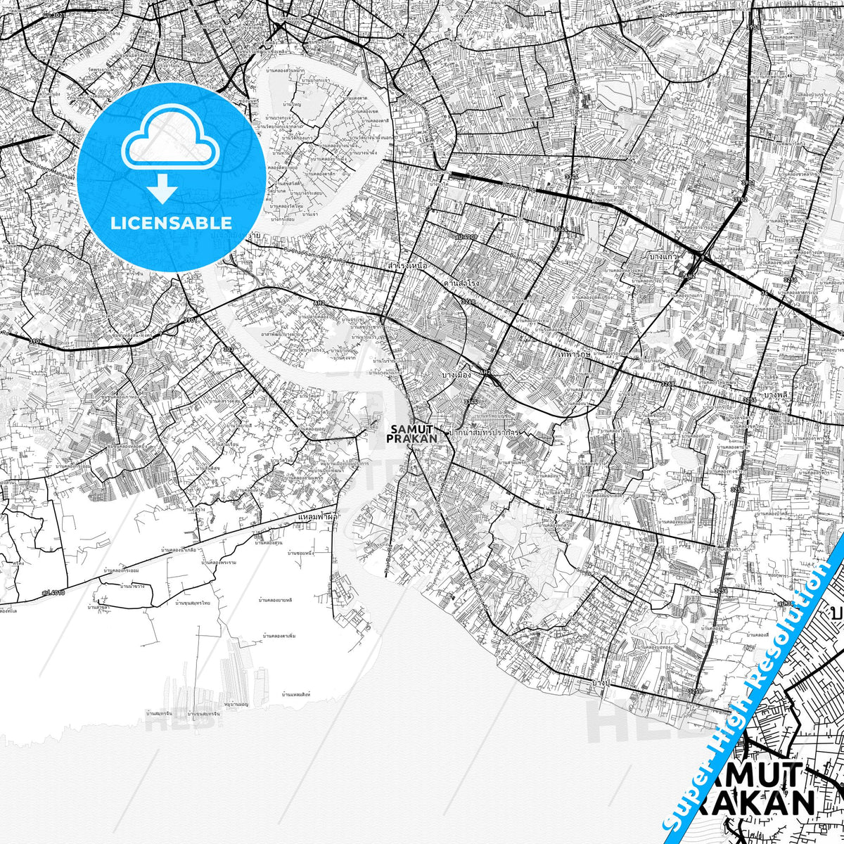 Samut Prakan, Thailand light map with streetnames, citynames and districts