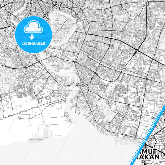 Samut Prakan, Thailand light map with streetnames, citynames and districts
