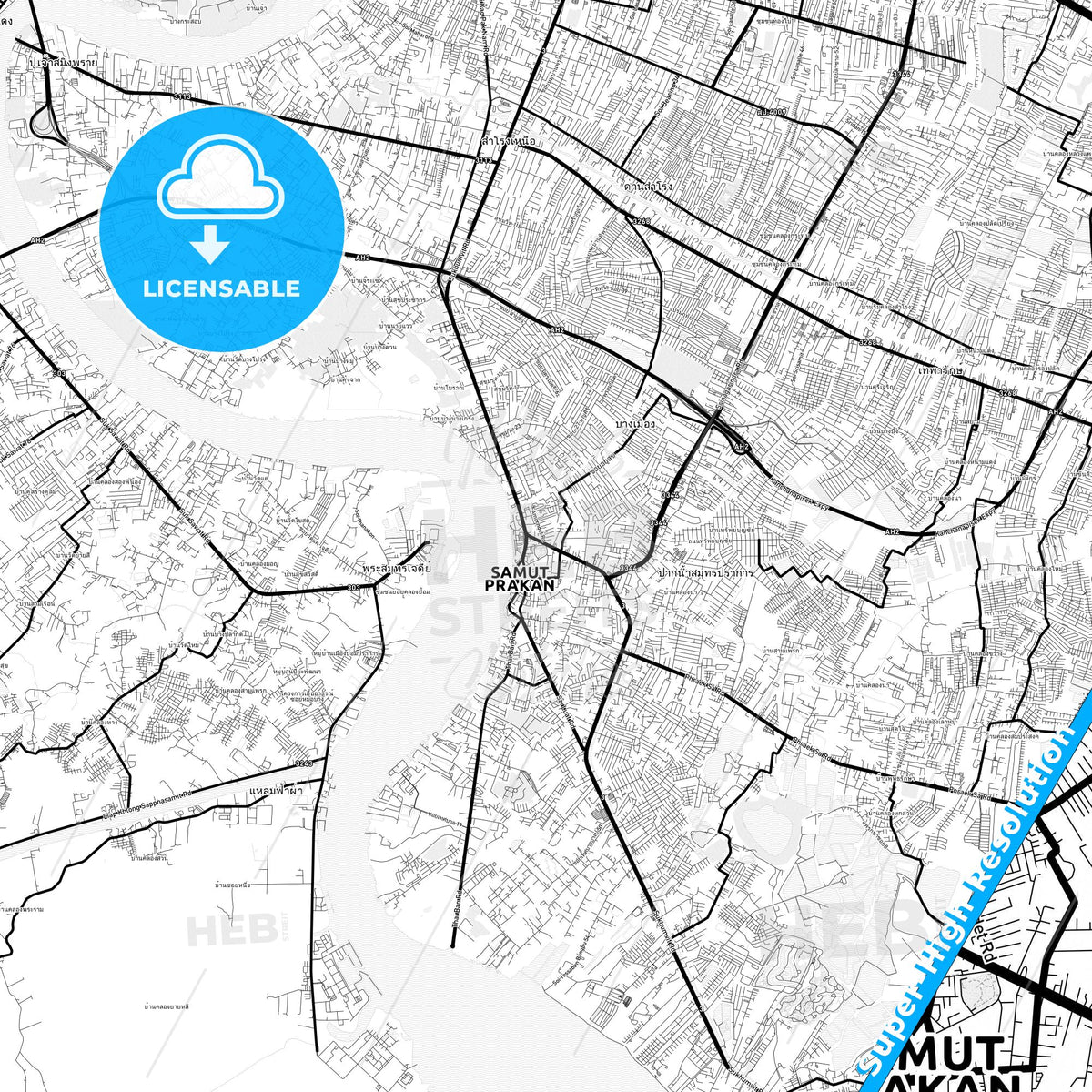 Samut Prakan, Thailand Light Map with Street Names, City Names, and Districts