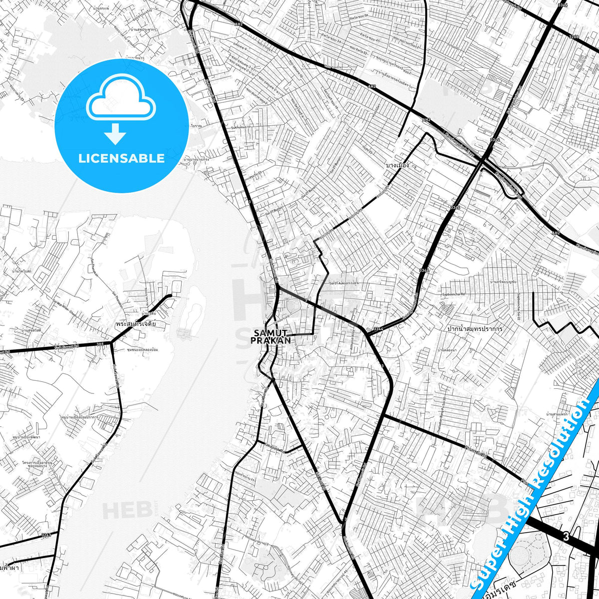 Samut Prakan, Thailand Light Map with Street Names, City Names, and Districts