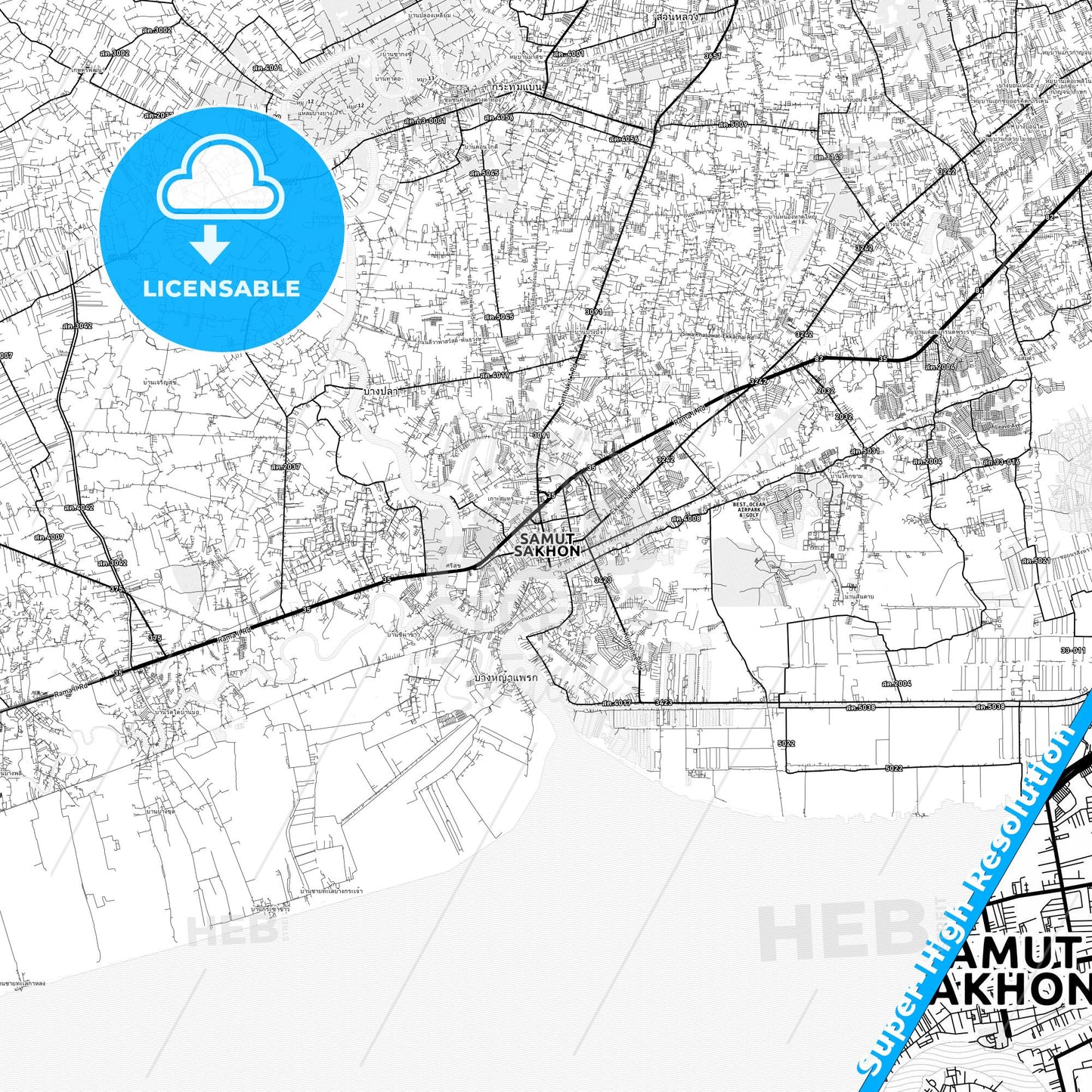 Samut Sakhon, Thailand light map with streetnames, citynames and districts