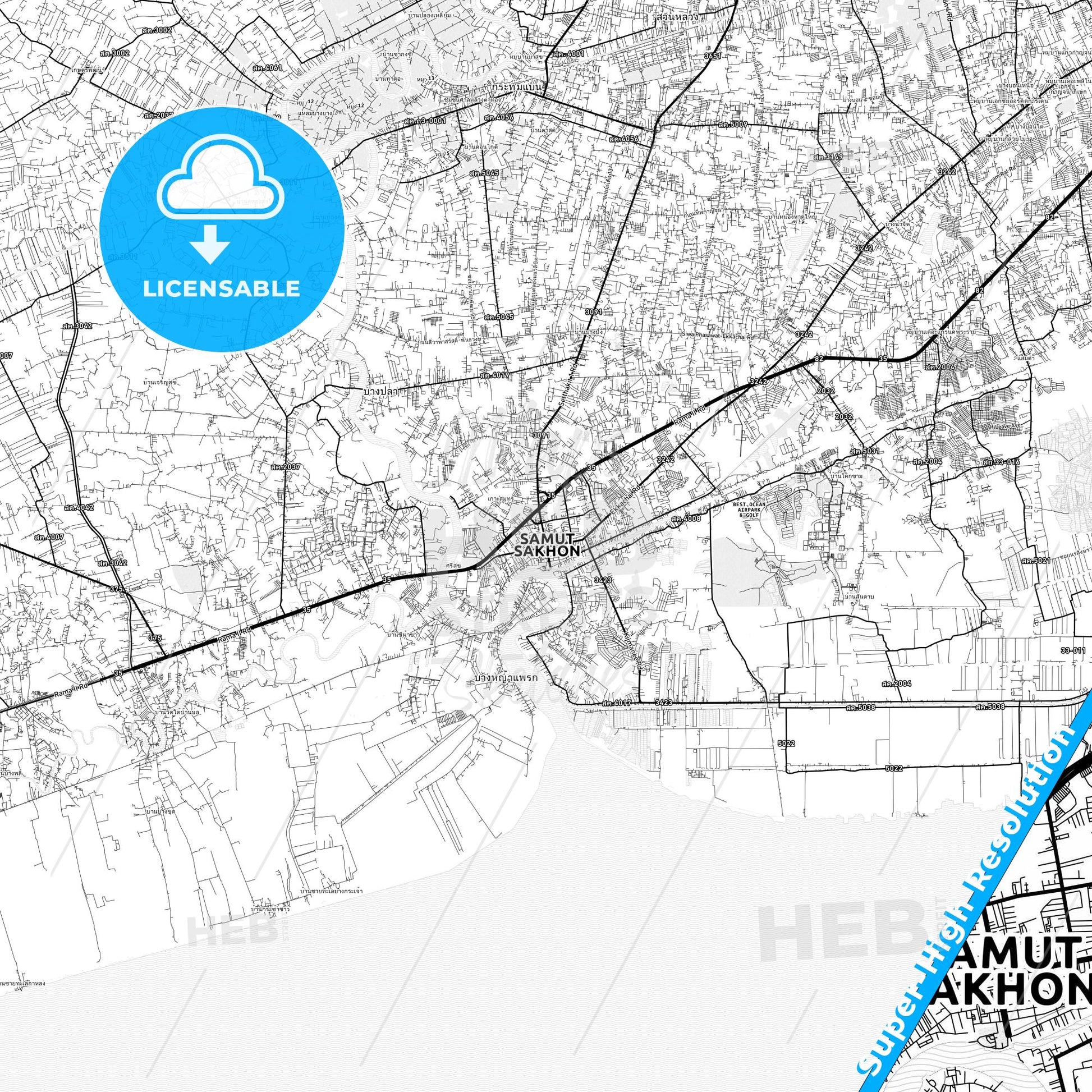Samut Sakhon, Thailand light map with streetnames, citynames and districts