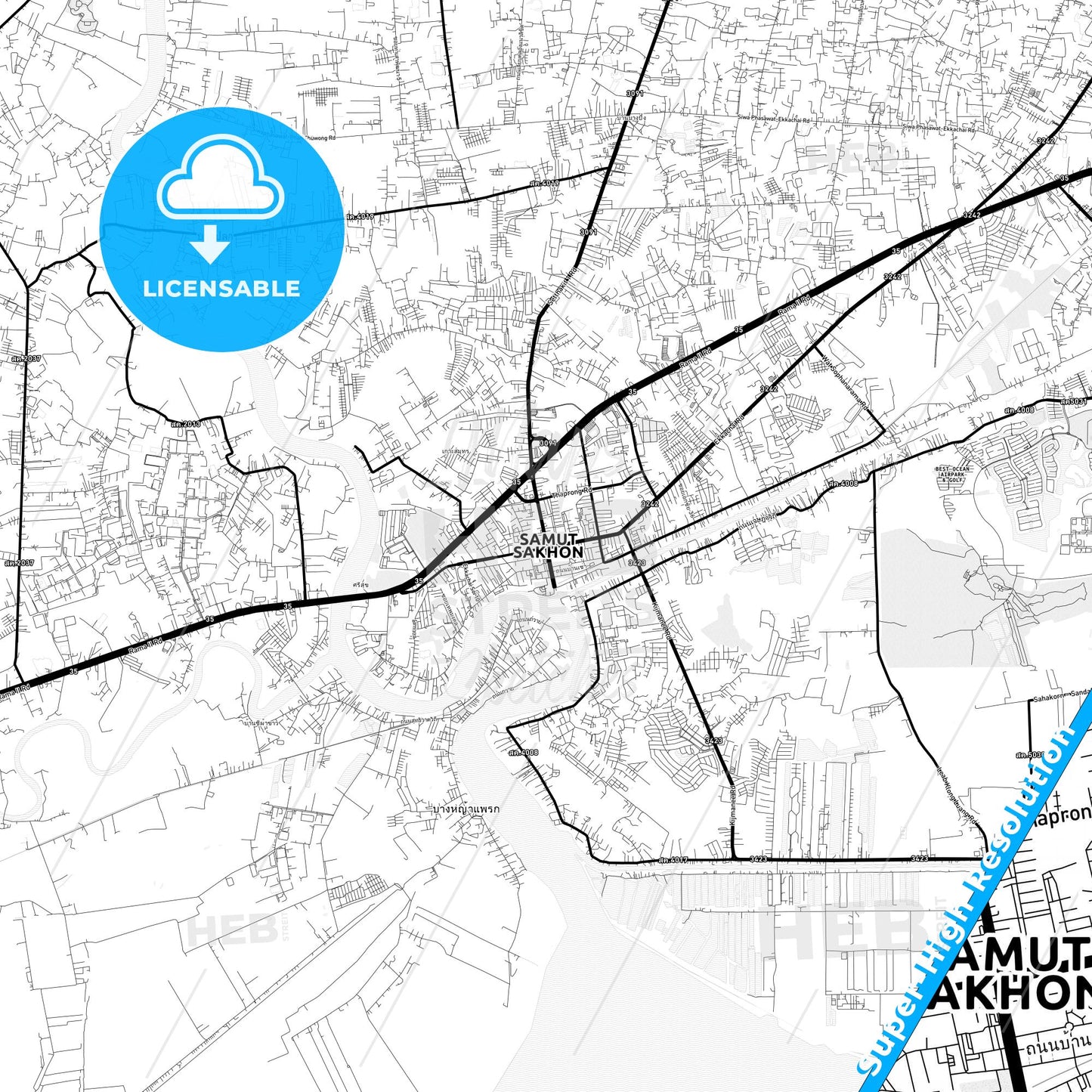 Samut Sakhon, Thailand Light Map with Street Names, City Names, and Districts