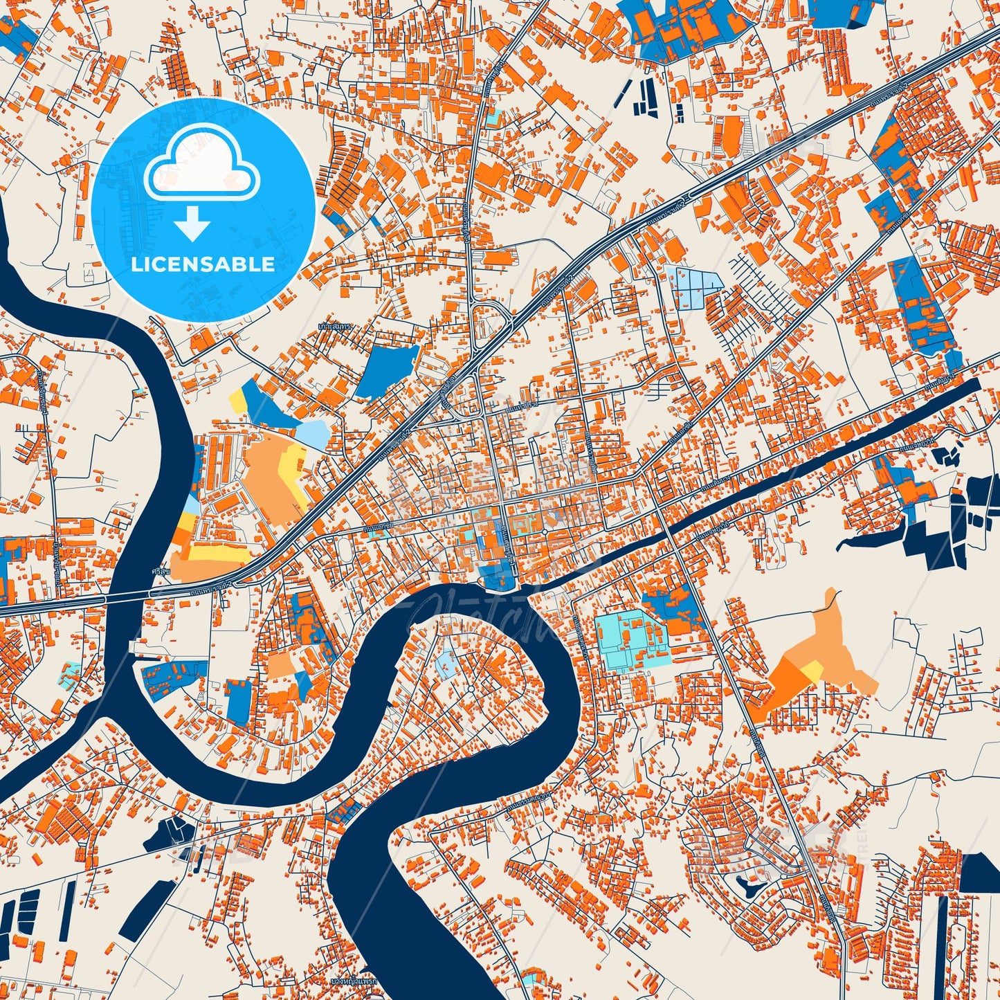 Colorful Samut Sakhon Street Map with Labels and Buildings
