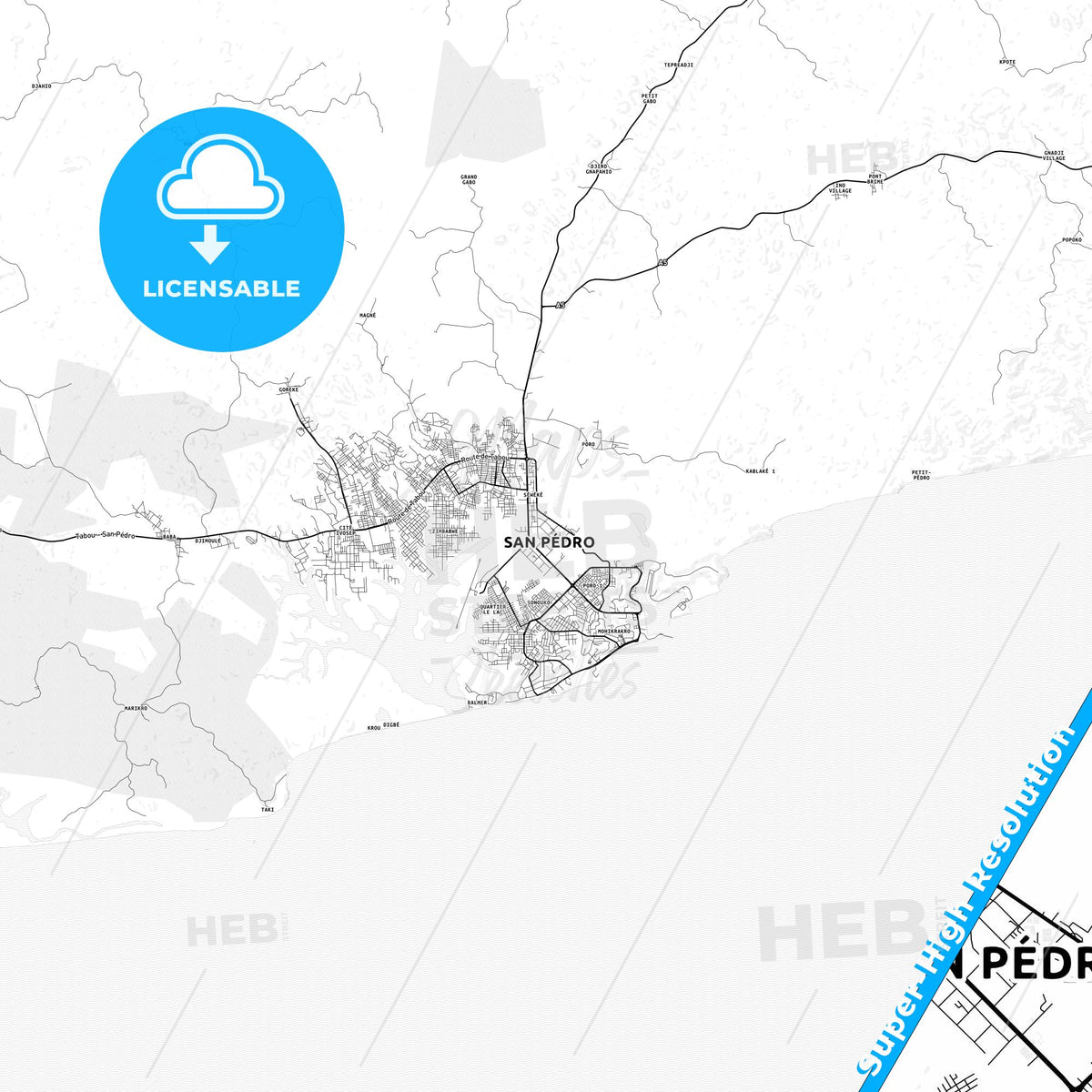 San-Pedro, Ivory Coast light map with streetnames, citynames and districts