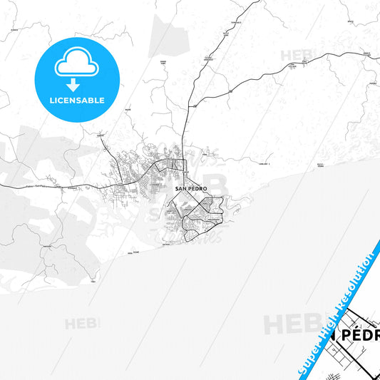 San-Pedro, Ivory Coast light map with streetnames, citynames and districts