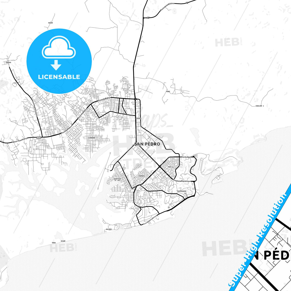 San-Pedro, Ivory Coast Light Map with Street Names, City Names, and Districts