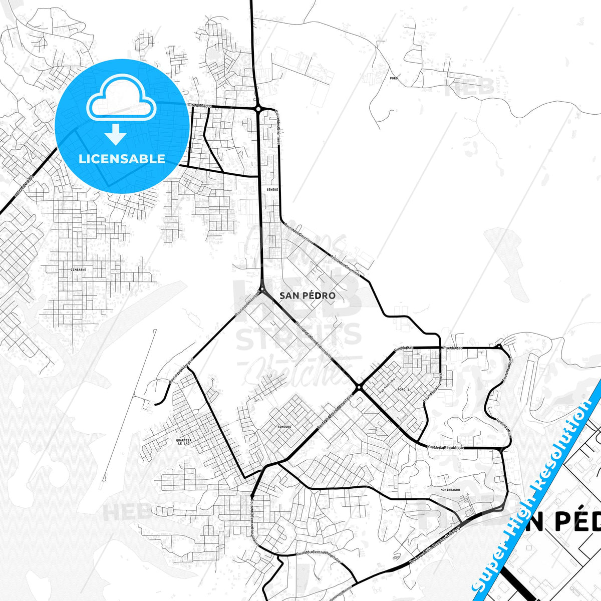 San-Pedro, Ivory Coast Light Map with Street Names, City Names, and Districts