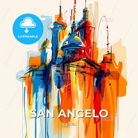 Vibrant San Angelo, Texas - A Colorful Drawing Of A Building - Square format print template